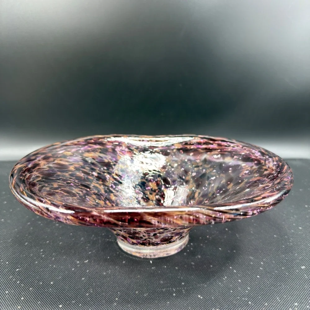 Julia Knight Hand Blown Italy Art Glass Bowl Dish Purple Amber‎ Silver Confetti
